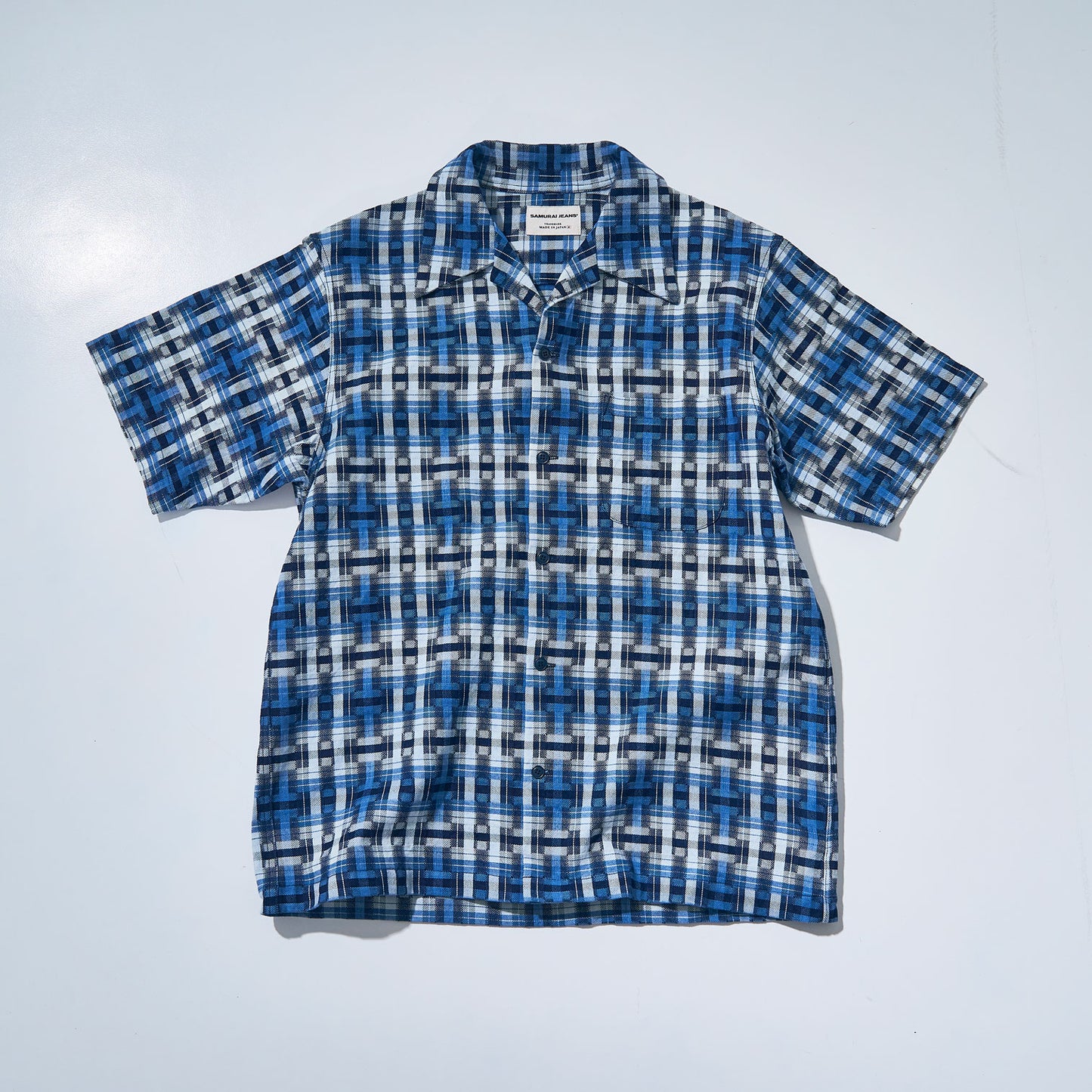 SOS24-S01 INDIGO BROKEN LATTICE SHORT SLEEVE OPEN COLLAR SHIRT