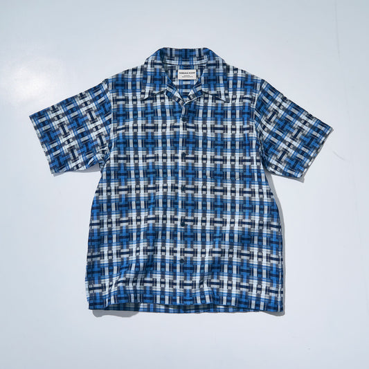 SOS24-S01 INDIGO BROKEN LATTICE SHORT SLEEVE OPEN COLLAR SHIRT