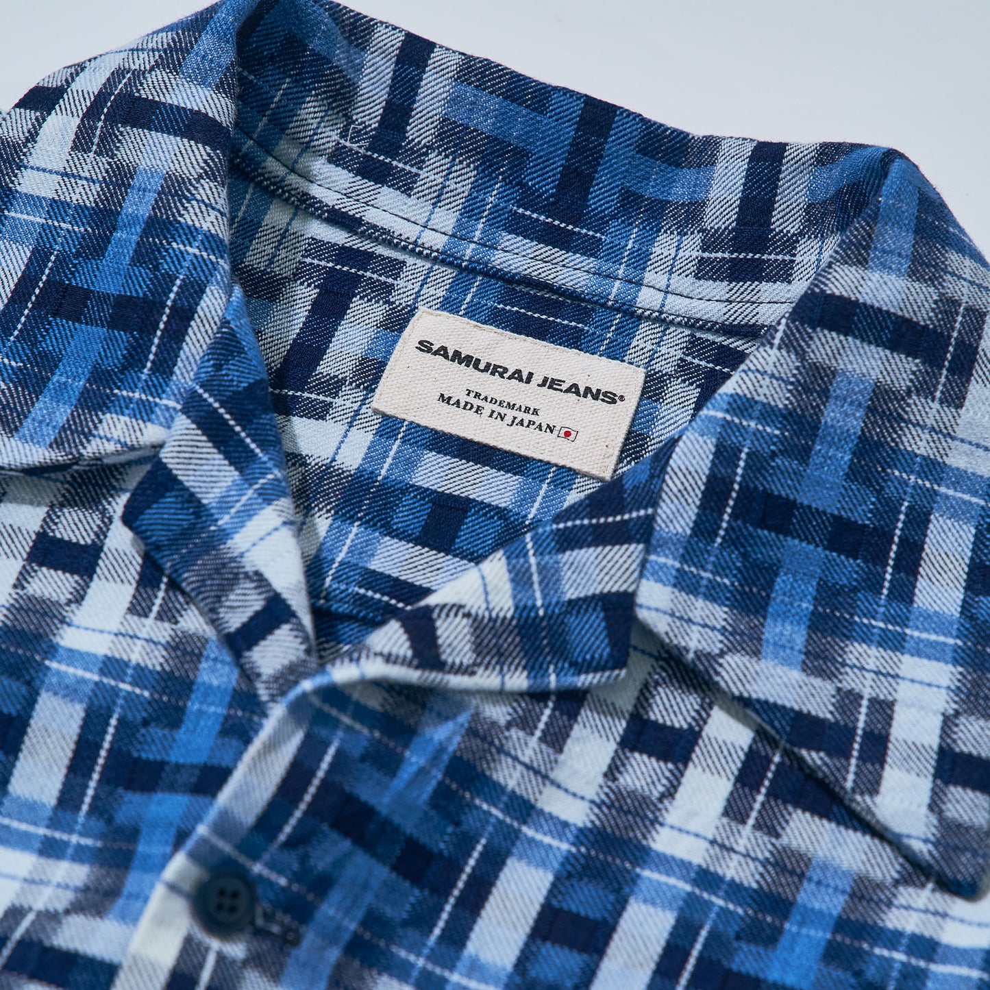 SOS24-S01 INDIGO BROKEN LATTICE SHORT SLEEVE OPEN COLLAR SHIRT