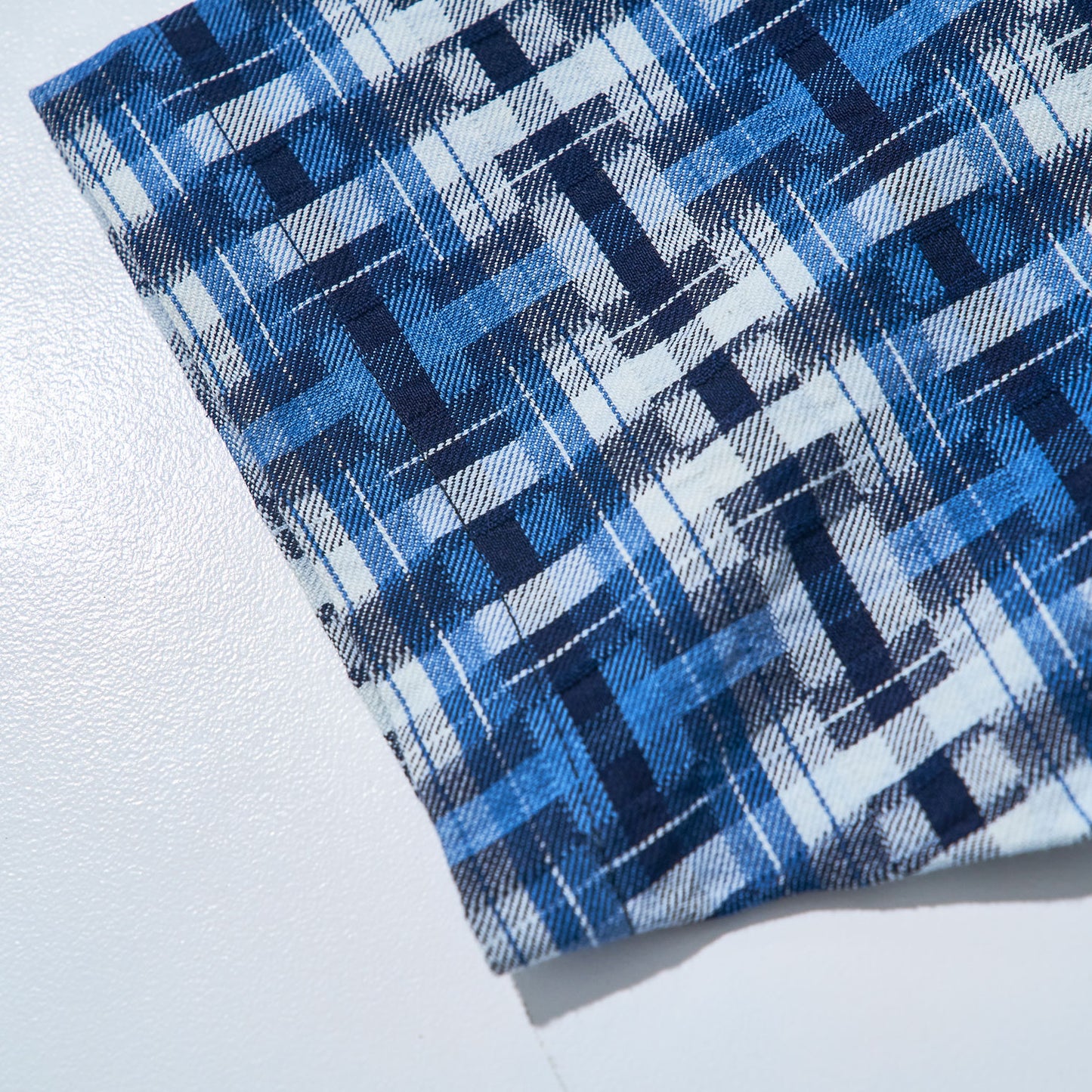 SOS24-S01 INDIGO BROKEN LATTICE SHORT SLEEVE OPEN COLLAR SHIRT