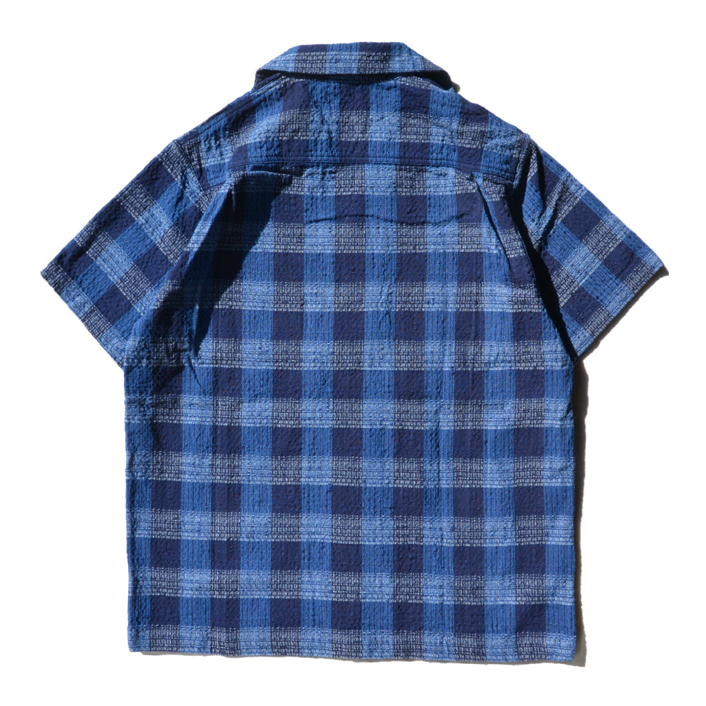 SOS22-S02 藍絣ストライプチェックオープンカラーシャツ