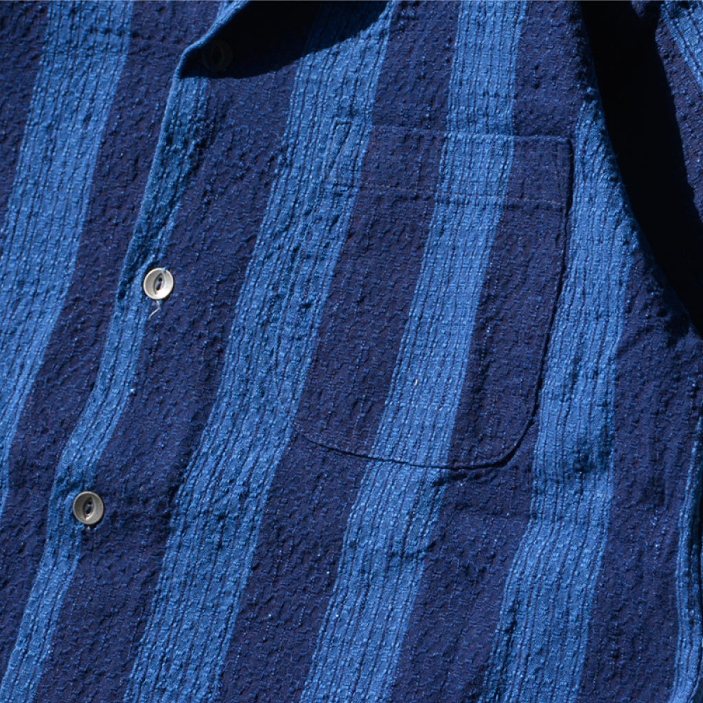SOS22-S02 藍絣ストライプチェックオープンカラーシャツ